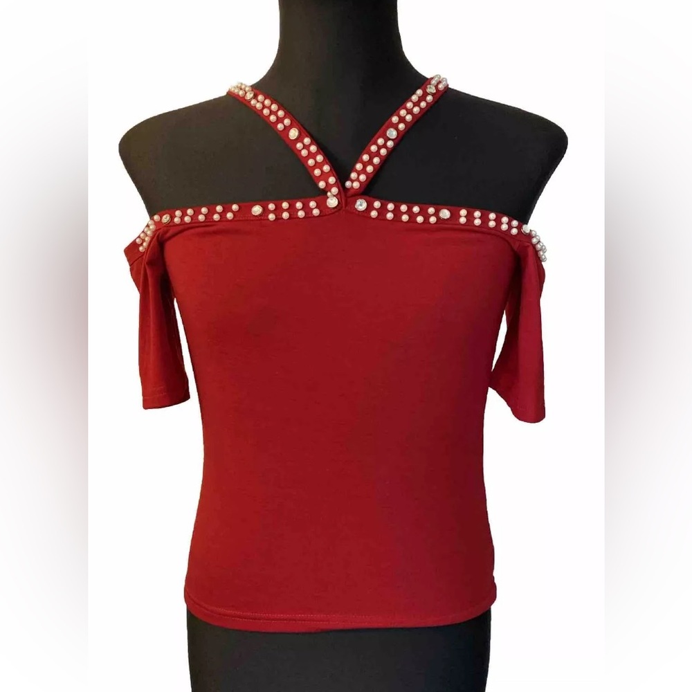 SHEIN Pearls Beaded Maroon Cut Out Off The Shoulder Tee Size M Top